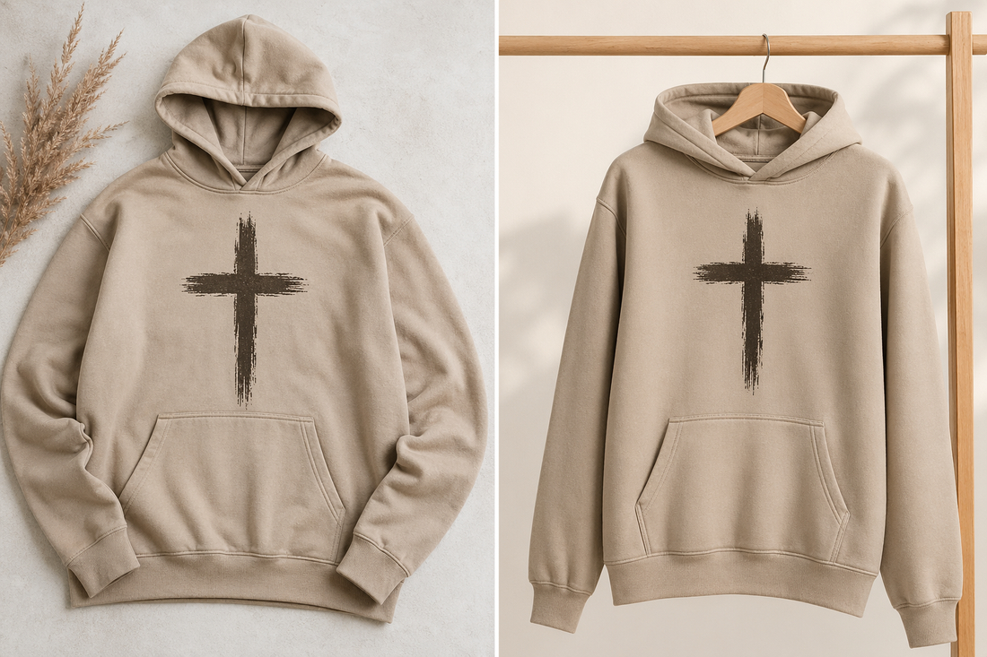 A Christian cross hoodie shown in a clean studio setting with a visible hood and front pocket