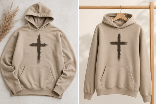 A Christian cross hoodie shown in a clean studio setting with a visible hood and front pocket
