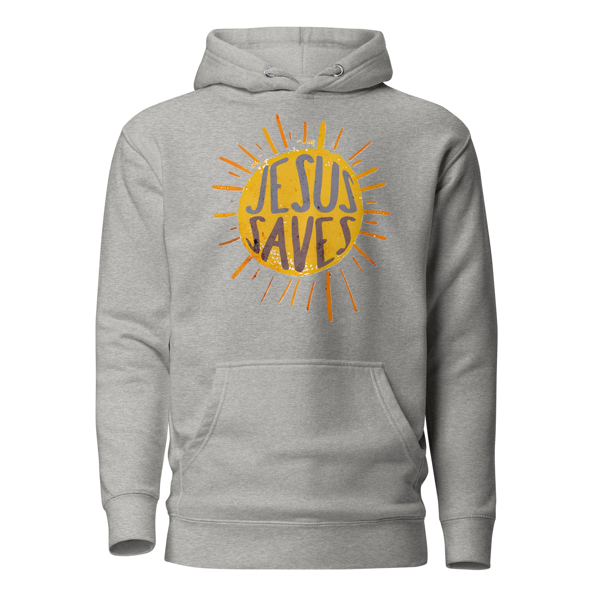 Jesus Saves men's Christian hoodie with bold faith message, front pouch pocket, matching drawstrings, and 3-panel hood