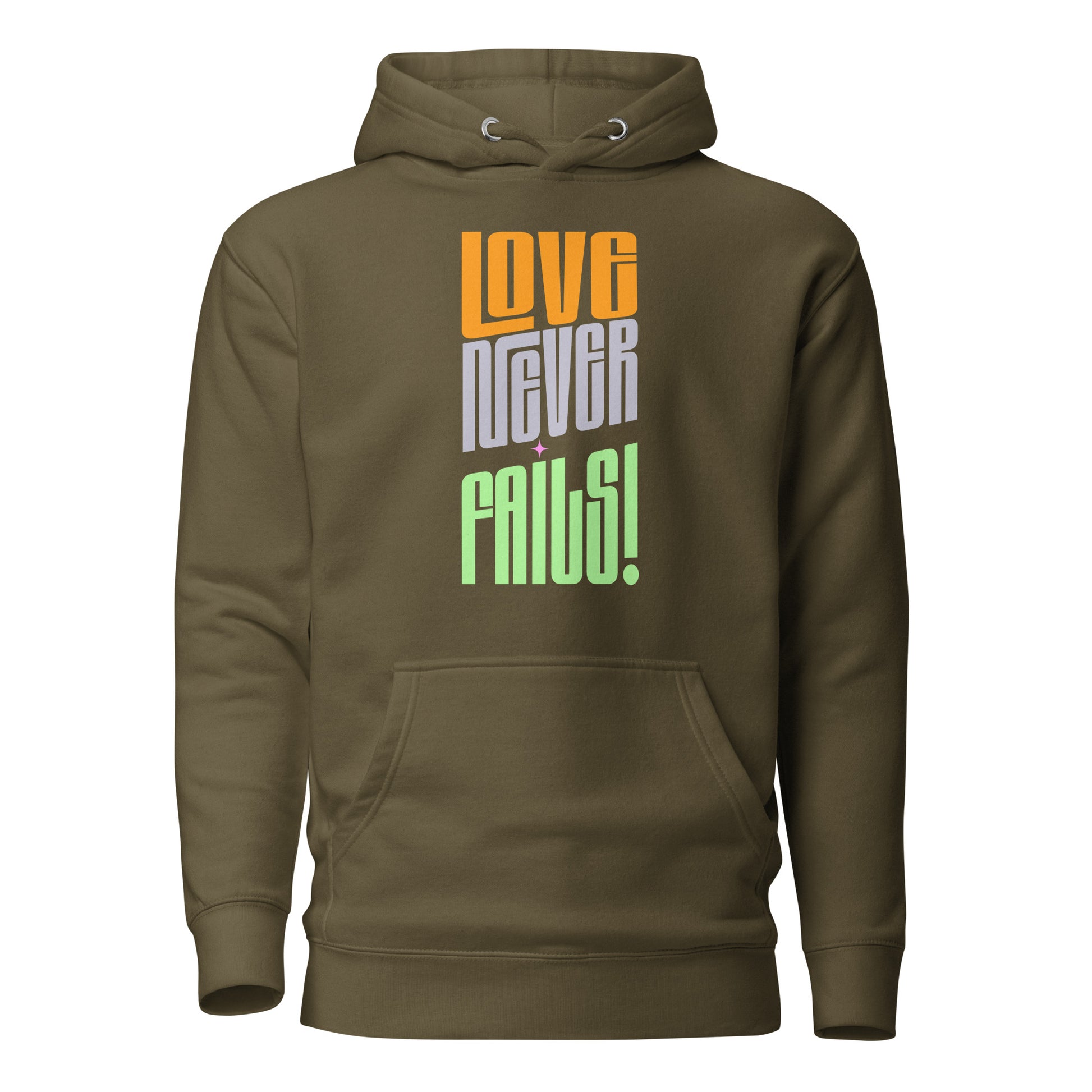 Love Never Fails men's Christian hoodie with scripture-inspired design, front pouch pocket, drawstrings, and 3-panel hood