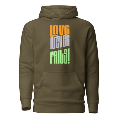 Love Never Fails men's Christian hoodie with scripture-inspired design, front pouch pocket, drawstrings, and 3-panel hood