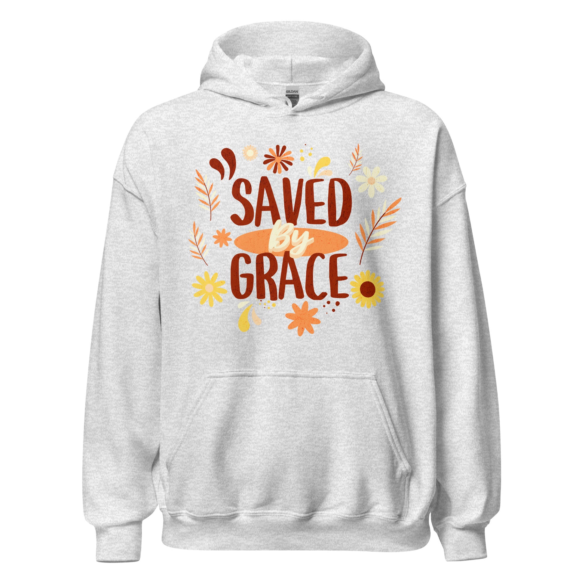 Saved by Grace women’s Christian hoodie with faith graphic, front pouch pocket, drawcord hood, and relaxed fit