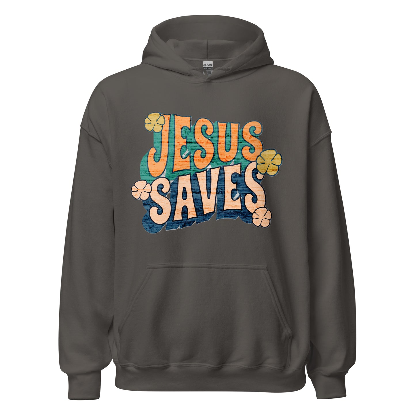 Jesus Saves cotton blend Christian hoodie for women with bold front text, double-lined hood, drawcord, and pouch pocket