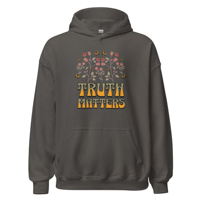 Truth Matters women's Christian hoodie with faith graphic, fleece blend, front pouch pocket, and drawstring hood