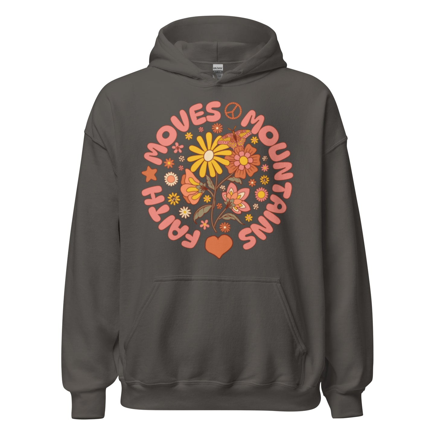 Faith Moves Mountains women's Christian hoodie with hood, drawcord, front pouch pocket, and scripture-inspired design