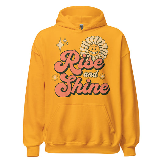 Rise and Shine women's Christian hoodie with faith graphic, drawstring hood, long sleeves, and front pouch pocket