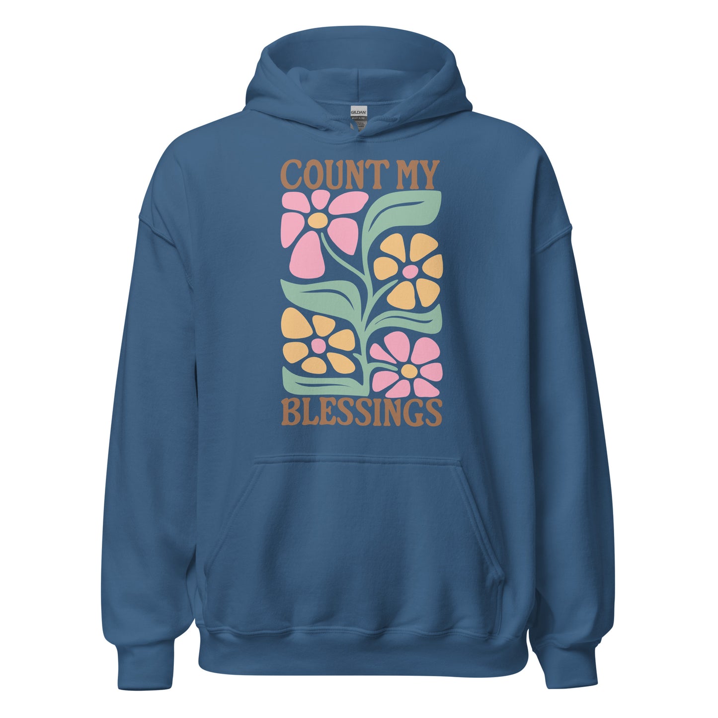 Count My Blessings hoodie with faith-based graphic, front pouch pocket, drawstring hood, and soft cotton blend fabric