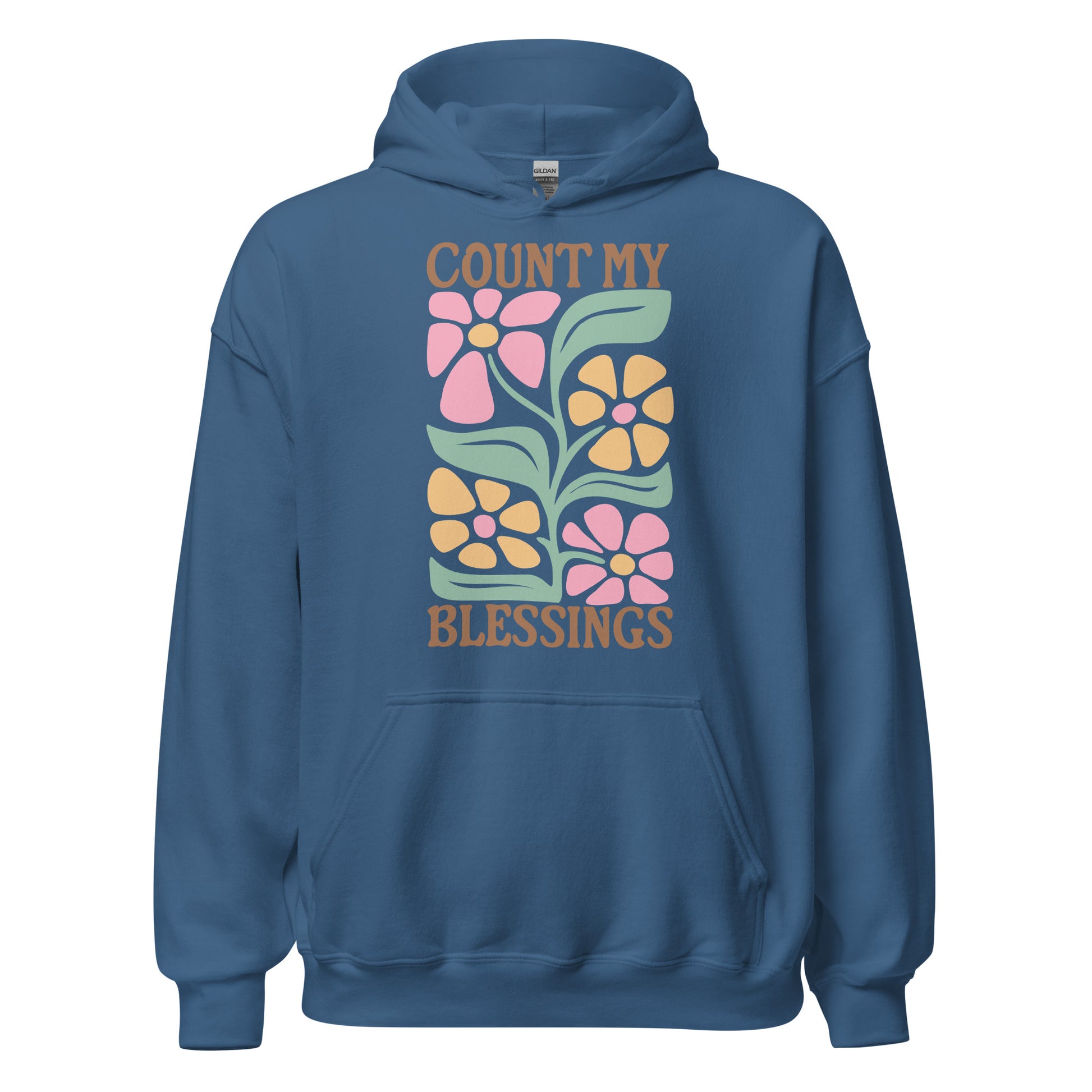 Count My Blessings hoodie with faith-based graphic, front pouch pocket, drawstring hood, and soft cotton blend fabric