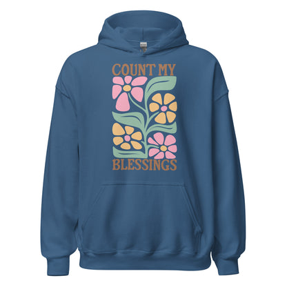 Count My Blessings hoodie with faith-based graphic, front pouch pocket, drawstring hood, and soft cotton blend fabric