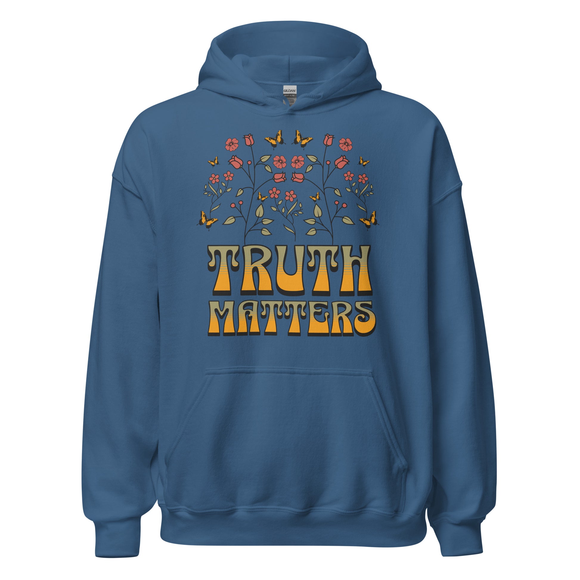 Truth Matters women's Christian hoodie with faith-based graphic, long sleeves, drawstring hood, and front pouch pocket