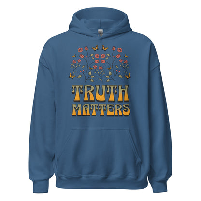 Truth Matters women's Christian hoodie with faith-based graphic, long sleeves, drawstring hood, and front pouch pocket