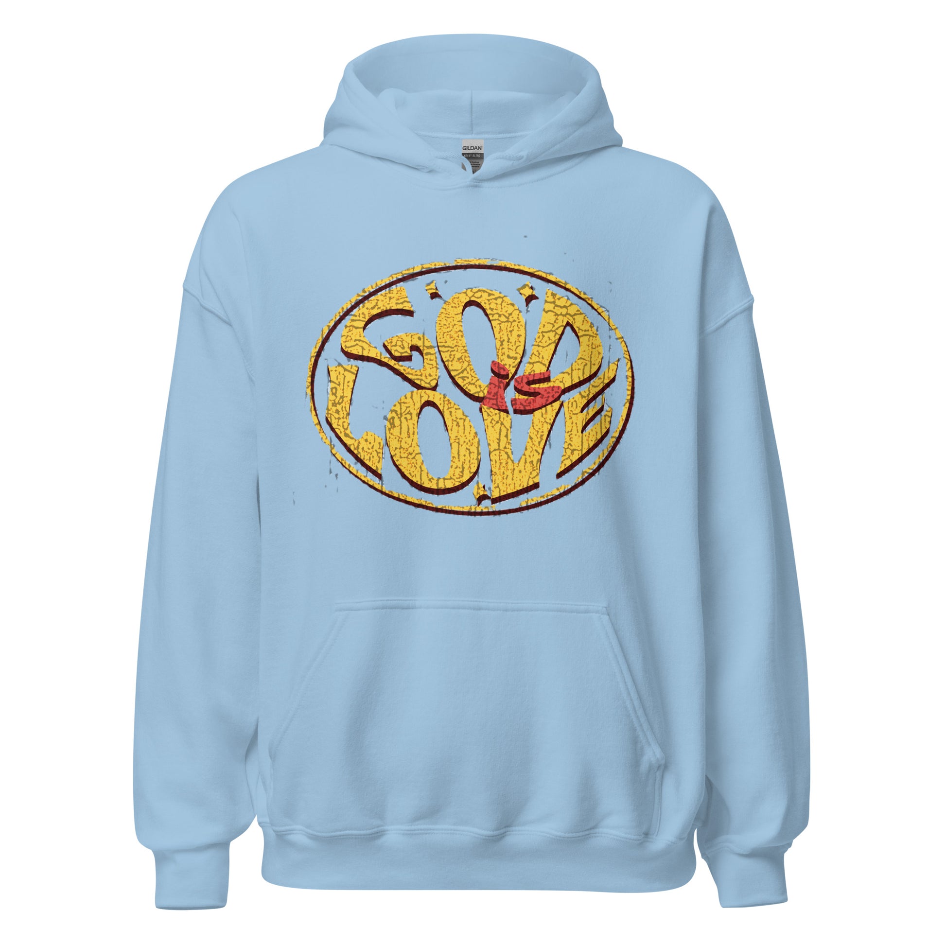 God Is Love Christian hoodie for women with drawstring hood, front pouch pocket, and faith-based graphic