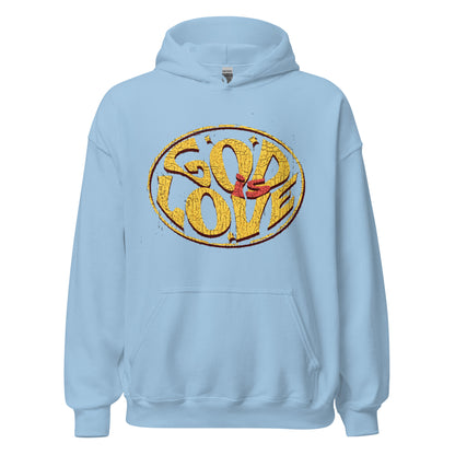 God Is Love Christian hoodie for women with drawstring hood, front pouch pocket, and faith-based graphic