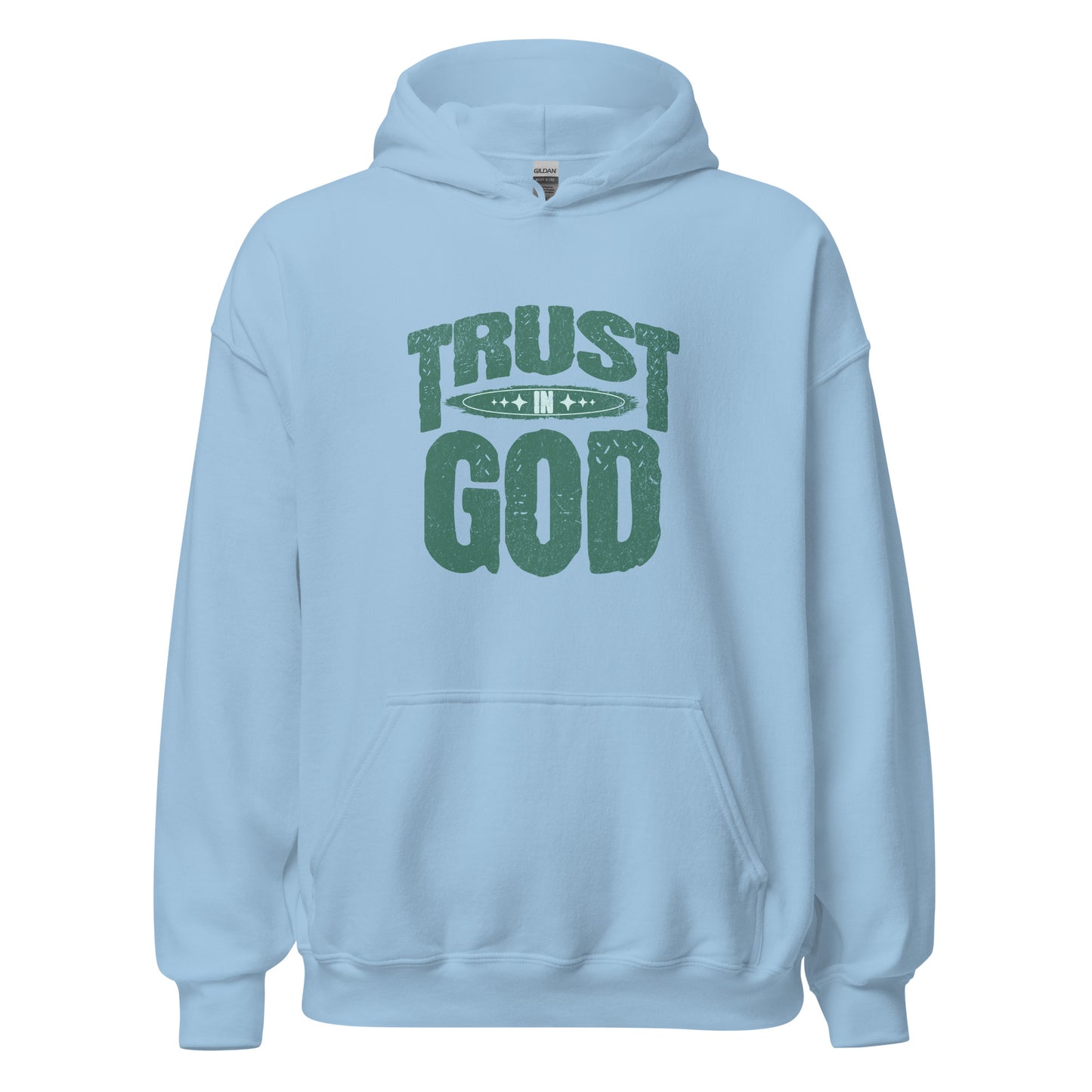 Trust in God women's Christian hoodie with front pouch pocket, drawstring hood, and cozy faith-based pullover fit