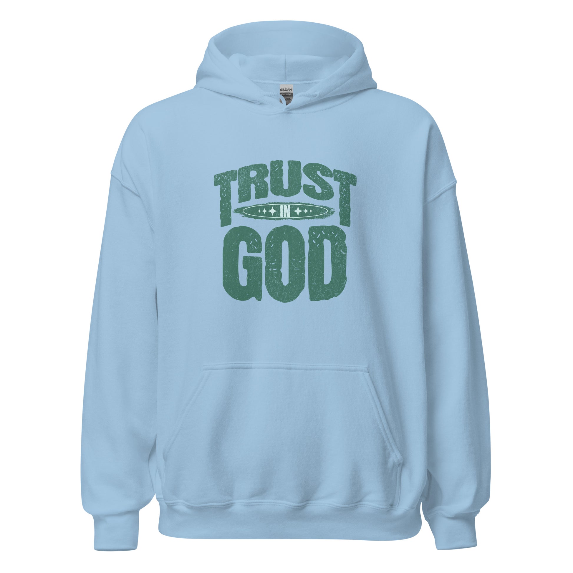 Trust in God women's Christian hoodie with front pouch pocket, drawstring hood, and cozy faith-based pullover fit