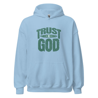 Trust in God women's Christian hoodie with front pouch pocket, drawstring hood, and cozy faith-based pullover fit