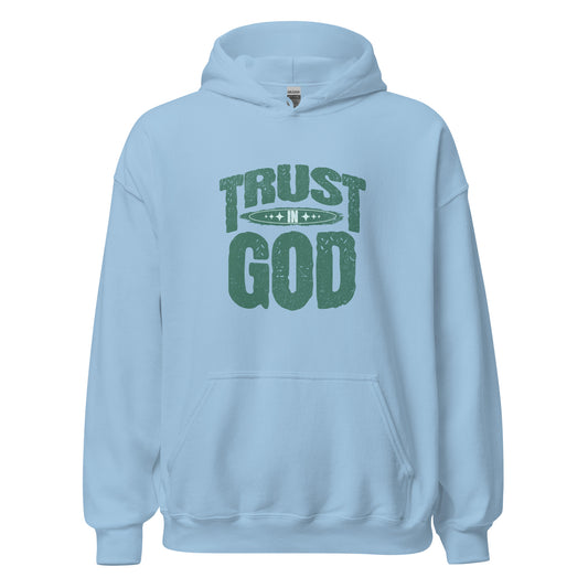 Trust in God women's Christian hoodie with front pouch pocket, drawstring hood, and cozy faith-based pullover fit