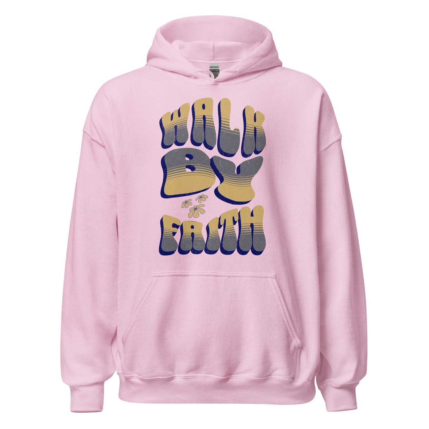 Walk By Faith women's Christian hoodie with front pouch pocket, drawstring hood, and scripture-inspired faith design