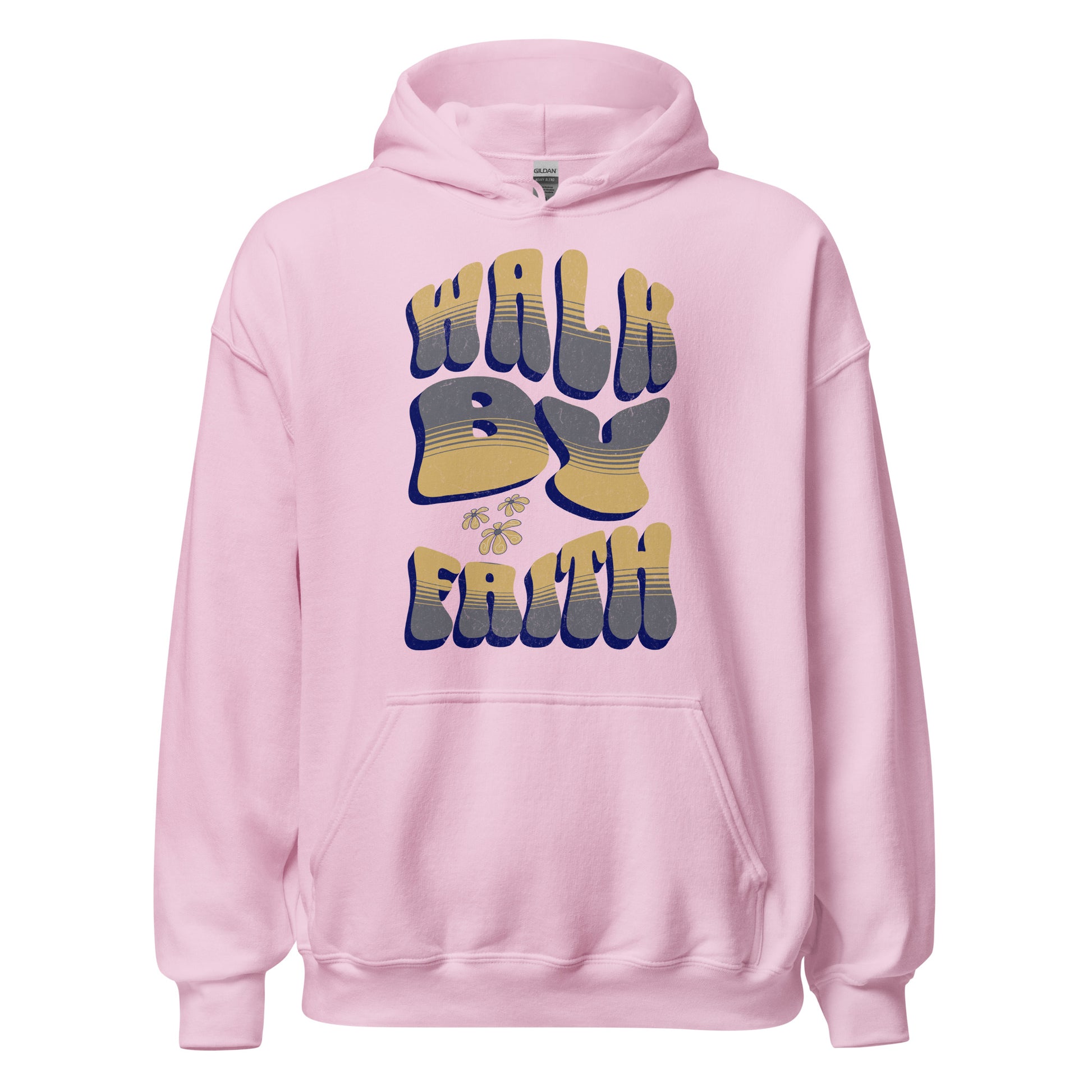 Walk By Faith women's Christian hoodie with front pouch pocket, drawstring hood, and scripture-inspired faith design