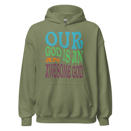 Our God is an Awesome God women's Christian hoodie with front pouch pocket and double-lined hood