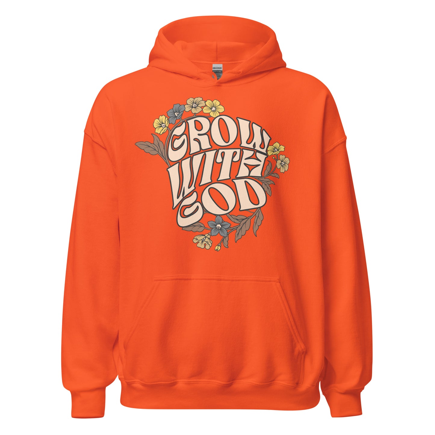 Grow With God women’s Christian hoodie with front pouch pocket, drawcord hood, and faith-based graphic sweatshirt design