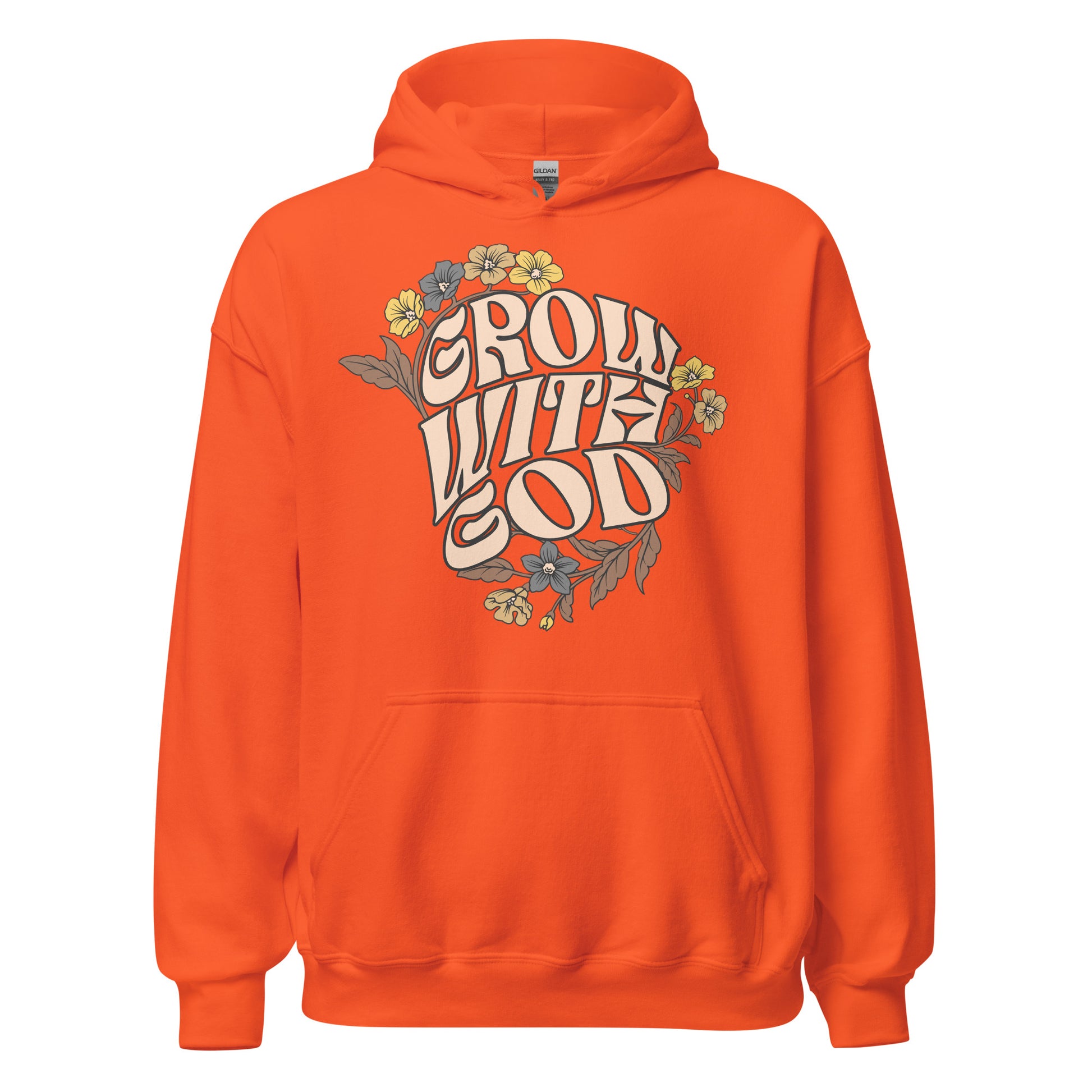 Grow With God women’s Christian hoodie with front pouch pocket, drawcord hood, and faith-based graphic sweatshirt design