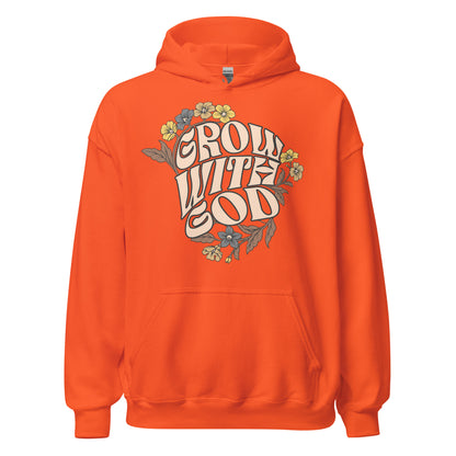 Grow With God women’s Christian hoodie with front pouch pocket, drawcord hood, and faith-based graphic sweatshirt design