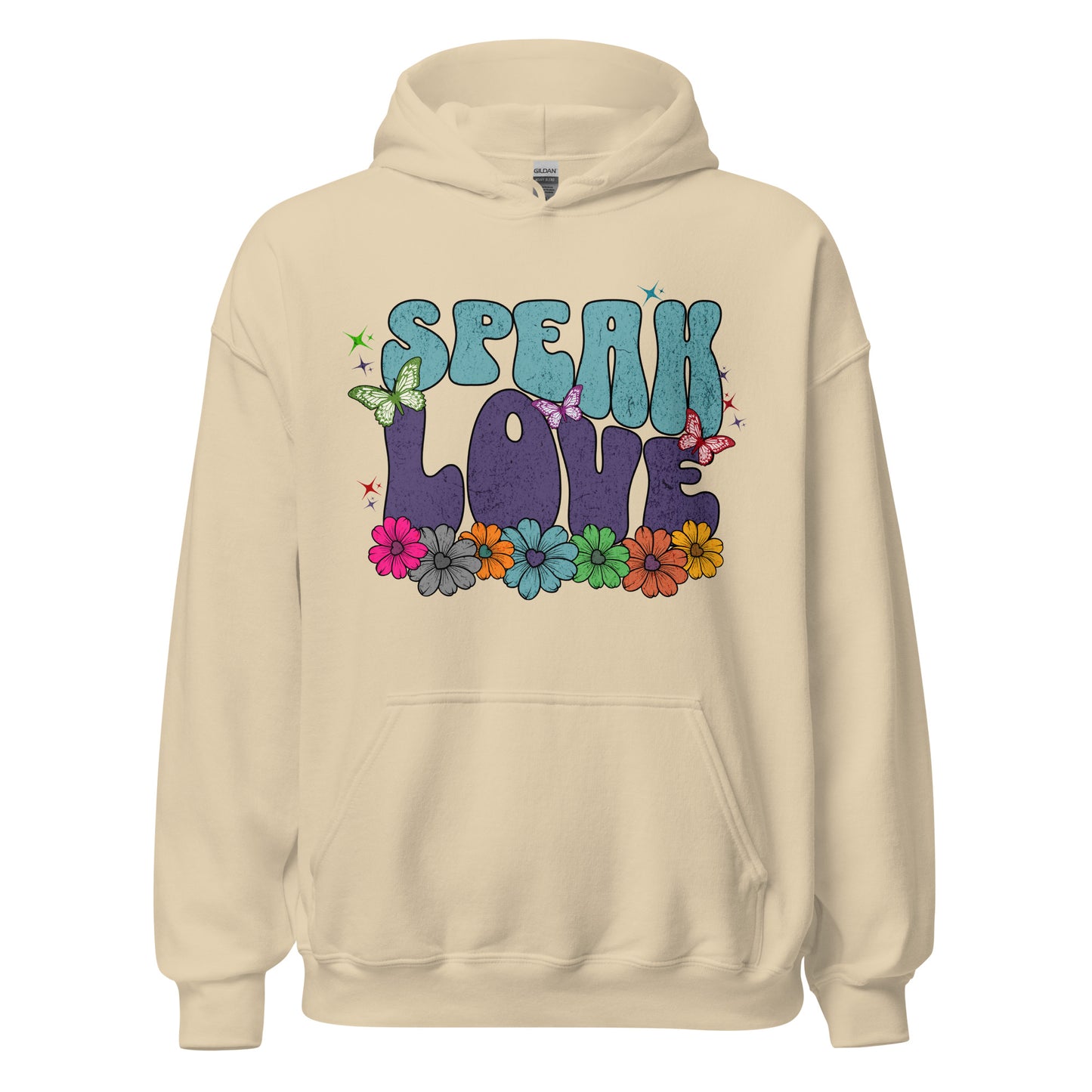 Speak Love Christian hoodie for women with front pouch pocket, double-lined hood, and faith-based graphic sweatshirt design