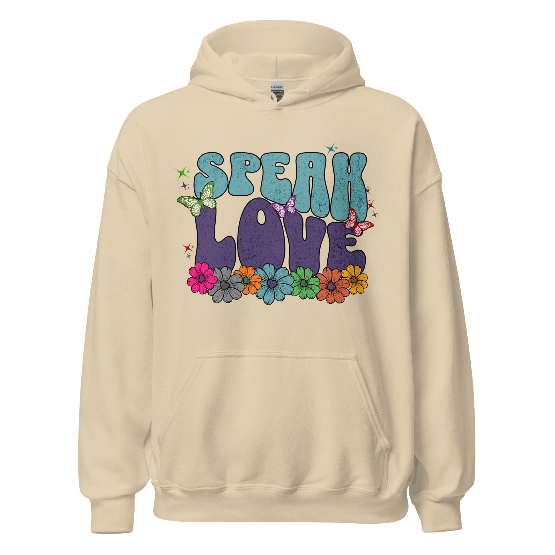 Speak Love Christian hoodie for women with front pouch pocket, double-lined hood, and faith-based graphic sweatshirt design