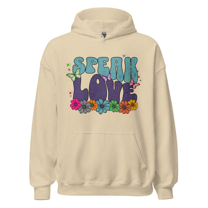 Speak Love Christian hoodie for women with front pouch pocket, double-lined hood, and faith-based graphic sweatshirt design