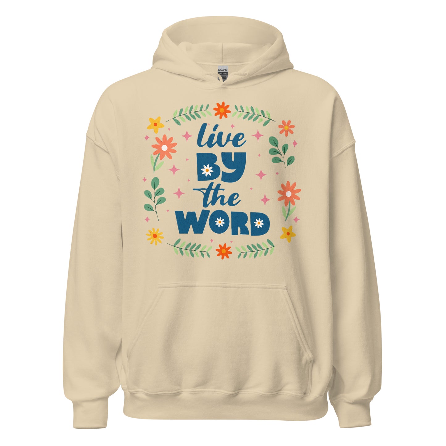 Live By The Word women's Christian hoodie with scripture-inspired design, front pouch pocket and drawstring hood