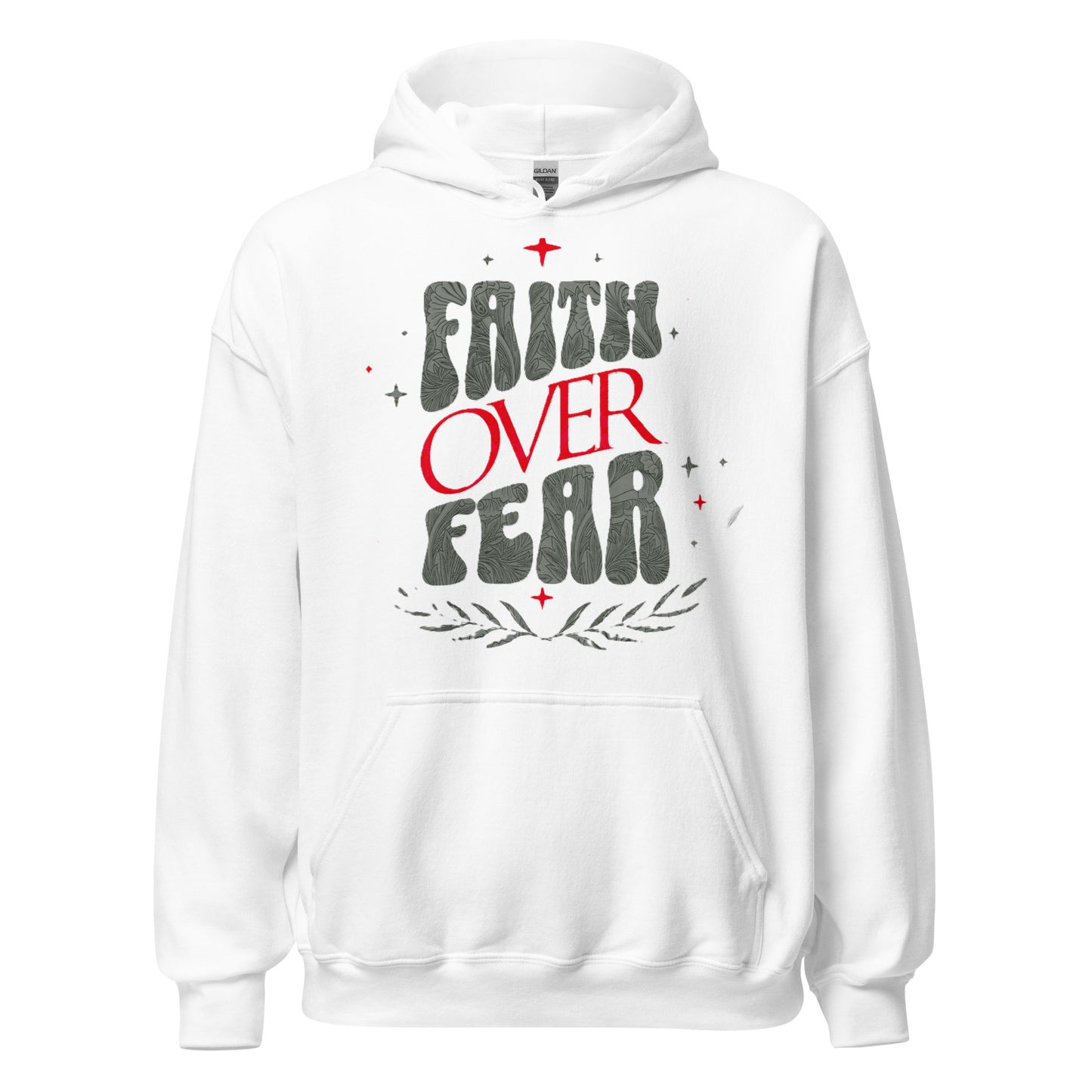 Faith Over Fear women’s Christian hoodie with fleece fabric, drawstring hood, and front pouch pocket