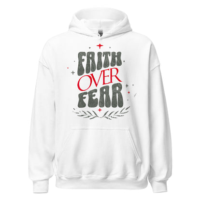 Faith Over Fear women’s Christian hoodie with fleece fabric, drawstring hood, and front pouch pocket