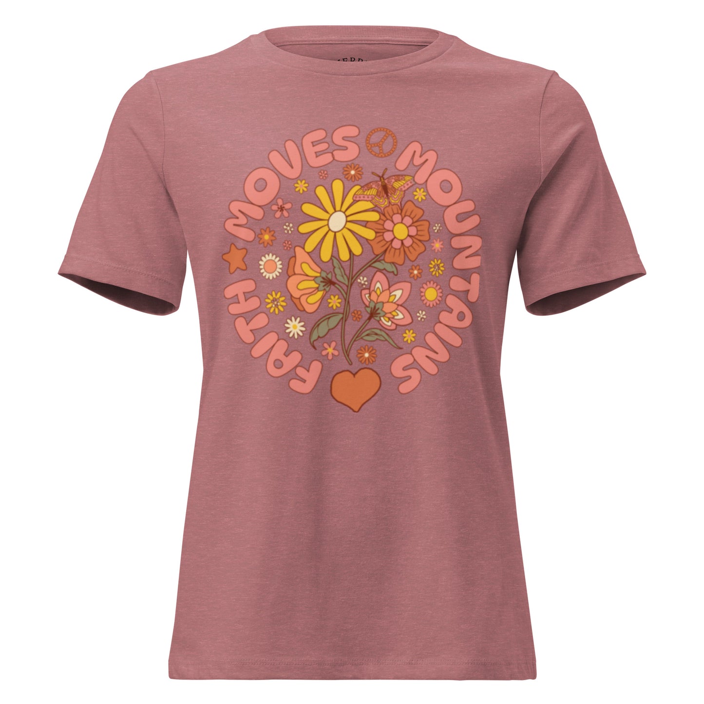 Faith Moves Mountains Christian women's T-shirt with inspirational faith graphic, relaxed fit, crew neck