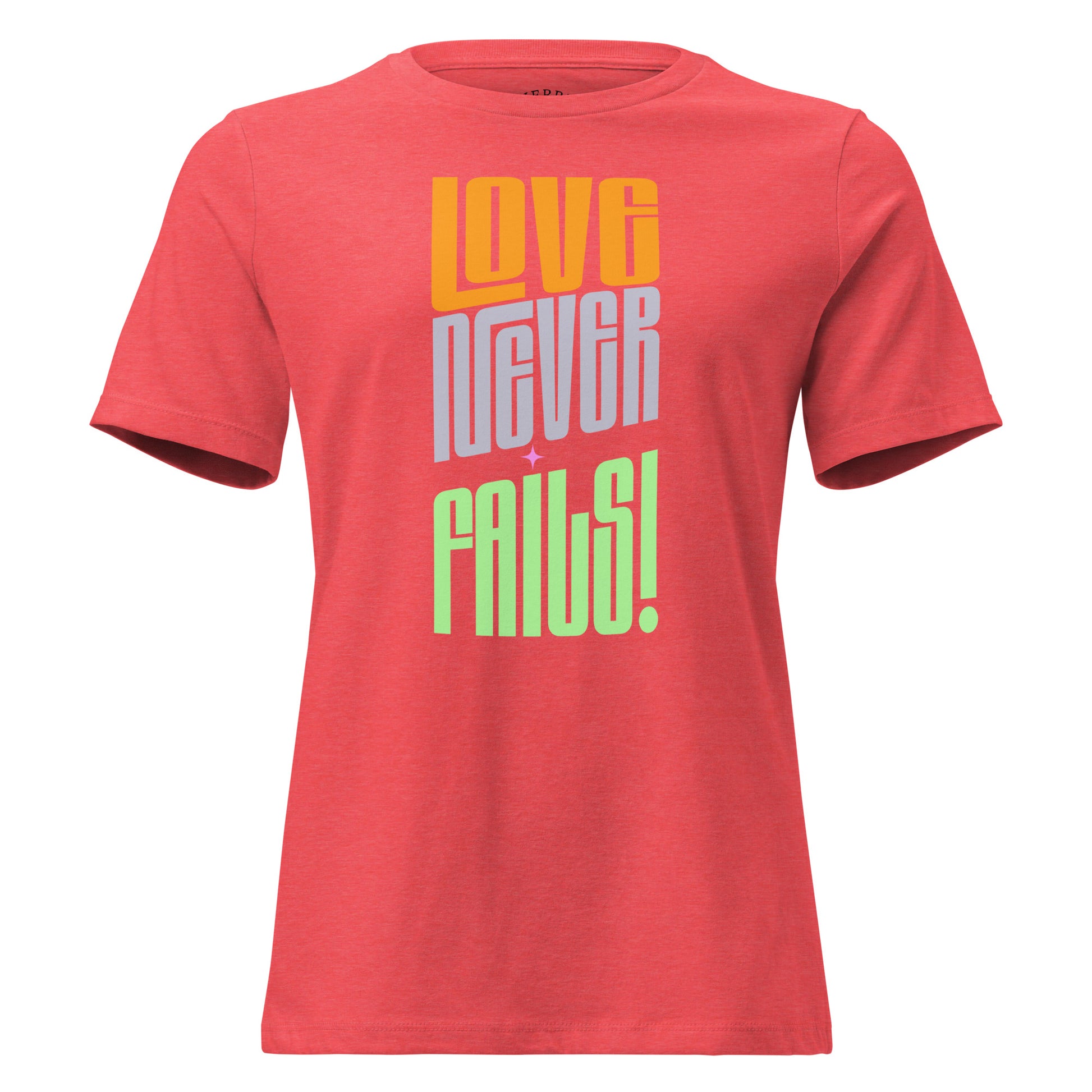 Love Never Fails women's relaxed Christian T-shirt with crew neck and faith-based graphic for everyday wear