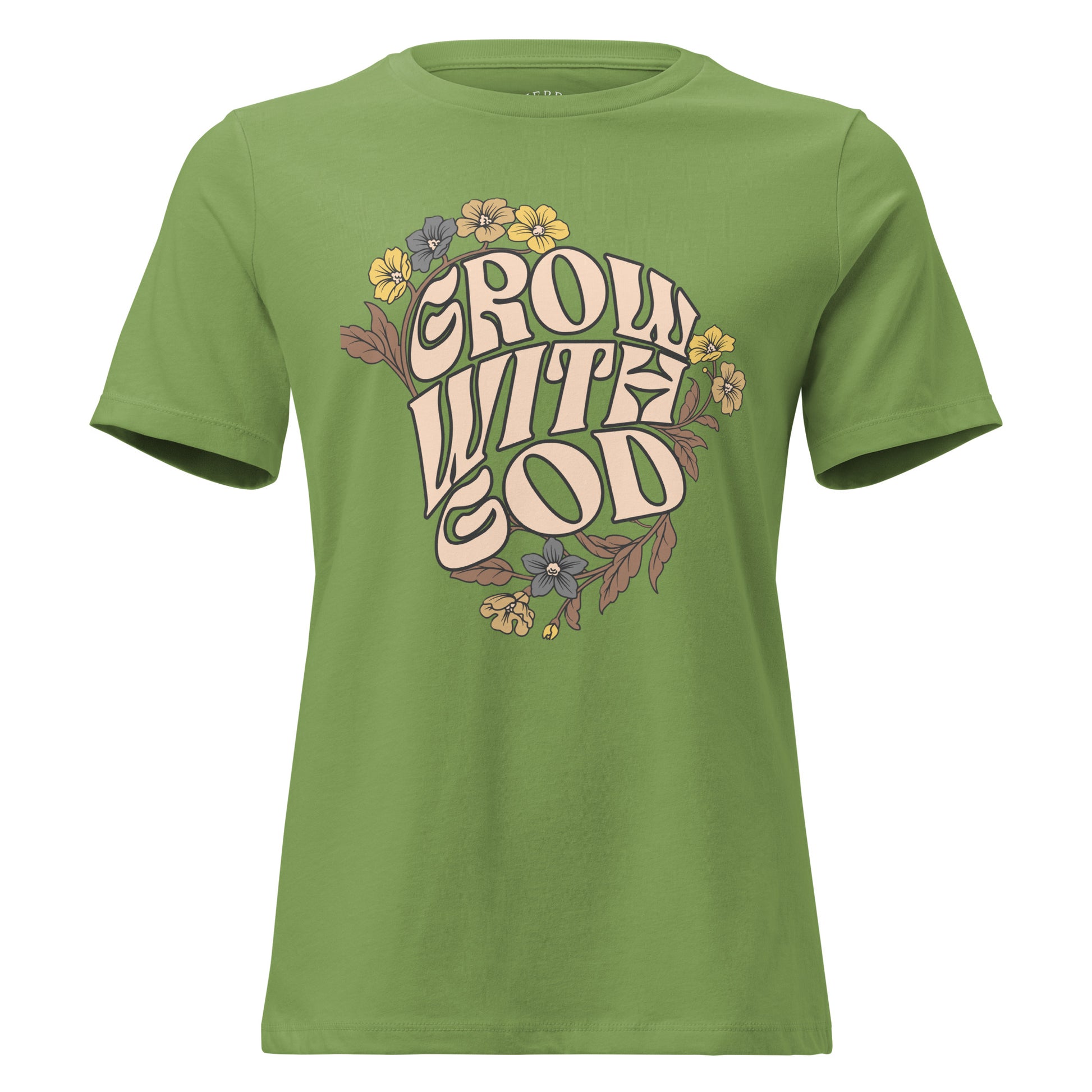 Grow With God Christian T-shirt for women with relaxed fit, crew neck, and faith graphic on soft cotton tee
