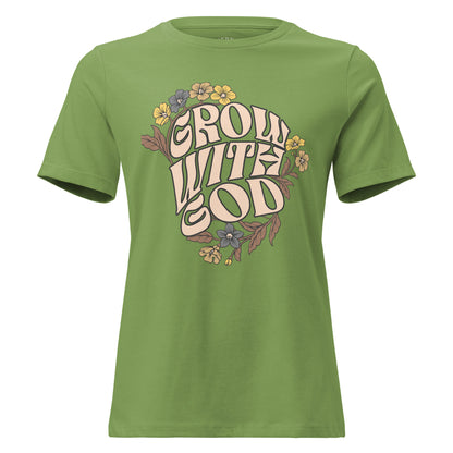 Grow With God Christian T-shirt for women with relaxed fit, crew neck, and faith graphic on soft cotton tee