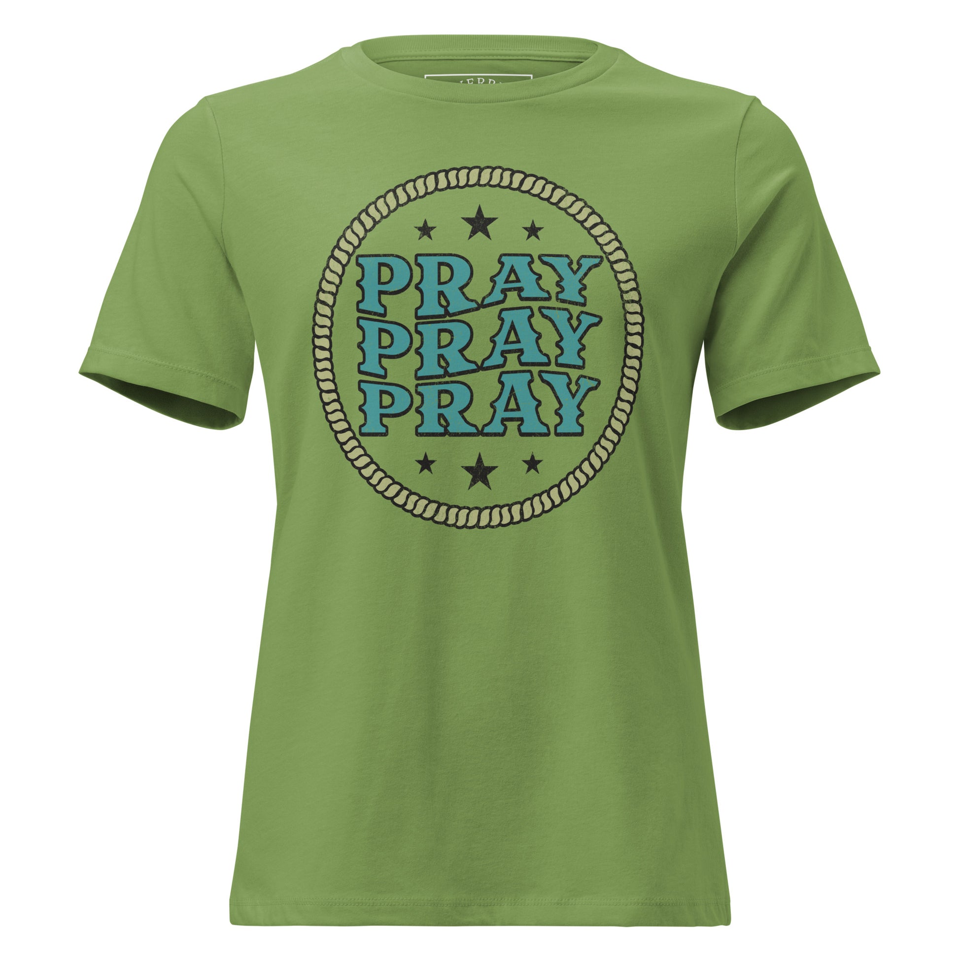 Pray Pray Pray women's relaxed T-shirt with Christian prayer text and crew neck fit