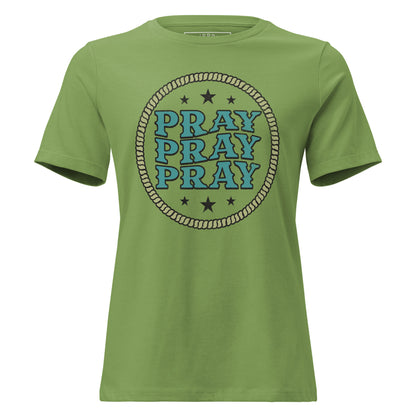 Pray Pray Pray women's relaxed T-shirt with Christian prayer text and crew neck fit