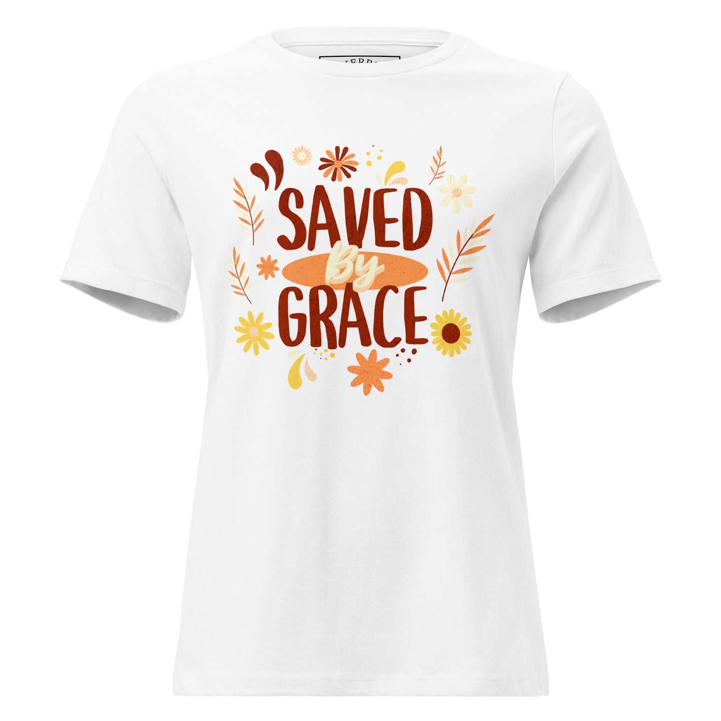Saved by Grace women's relaxed Christian T-shirt with crew neck and faith-based graphic
